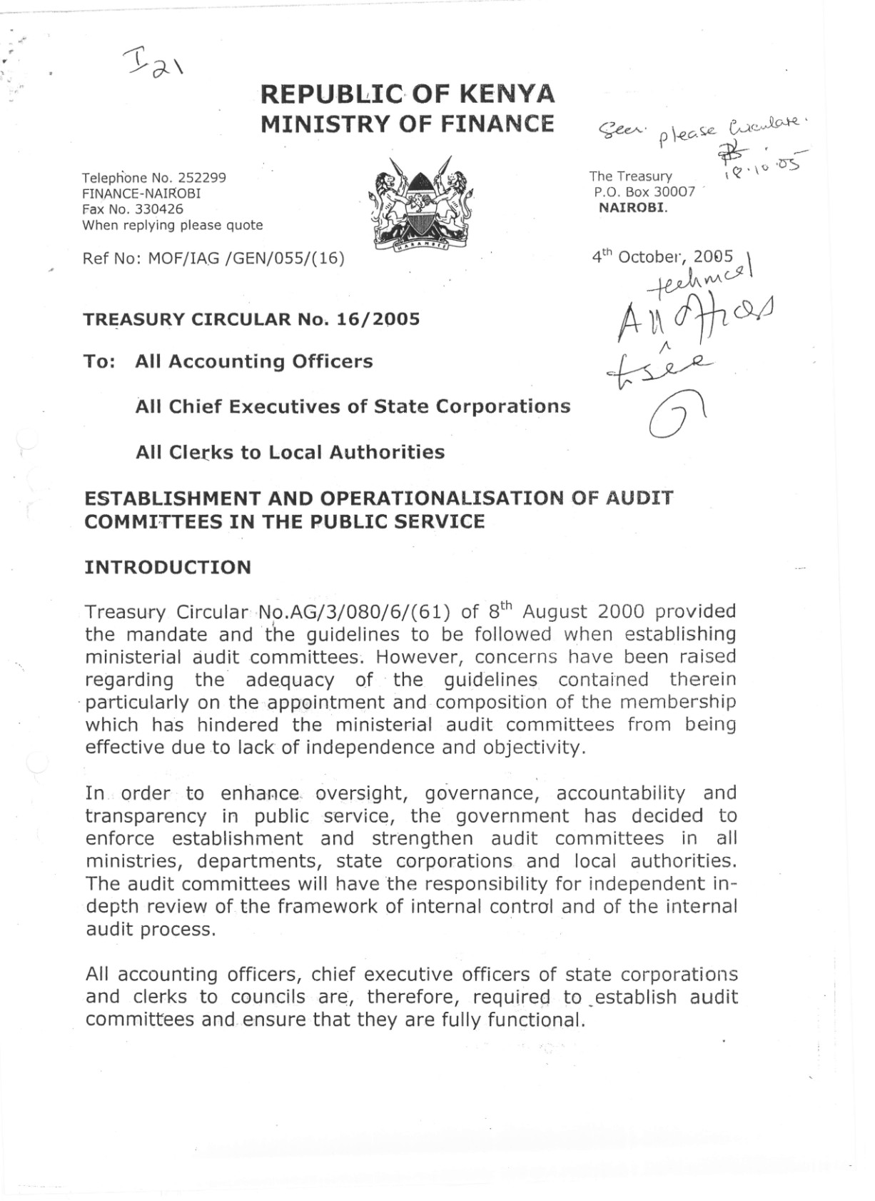 Establishment and operationalisation of audit committees in the public service MOF IAG GEN 055 16 Treasury Circular 16 2005