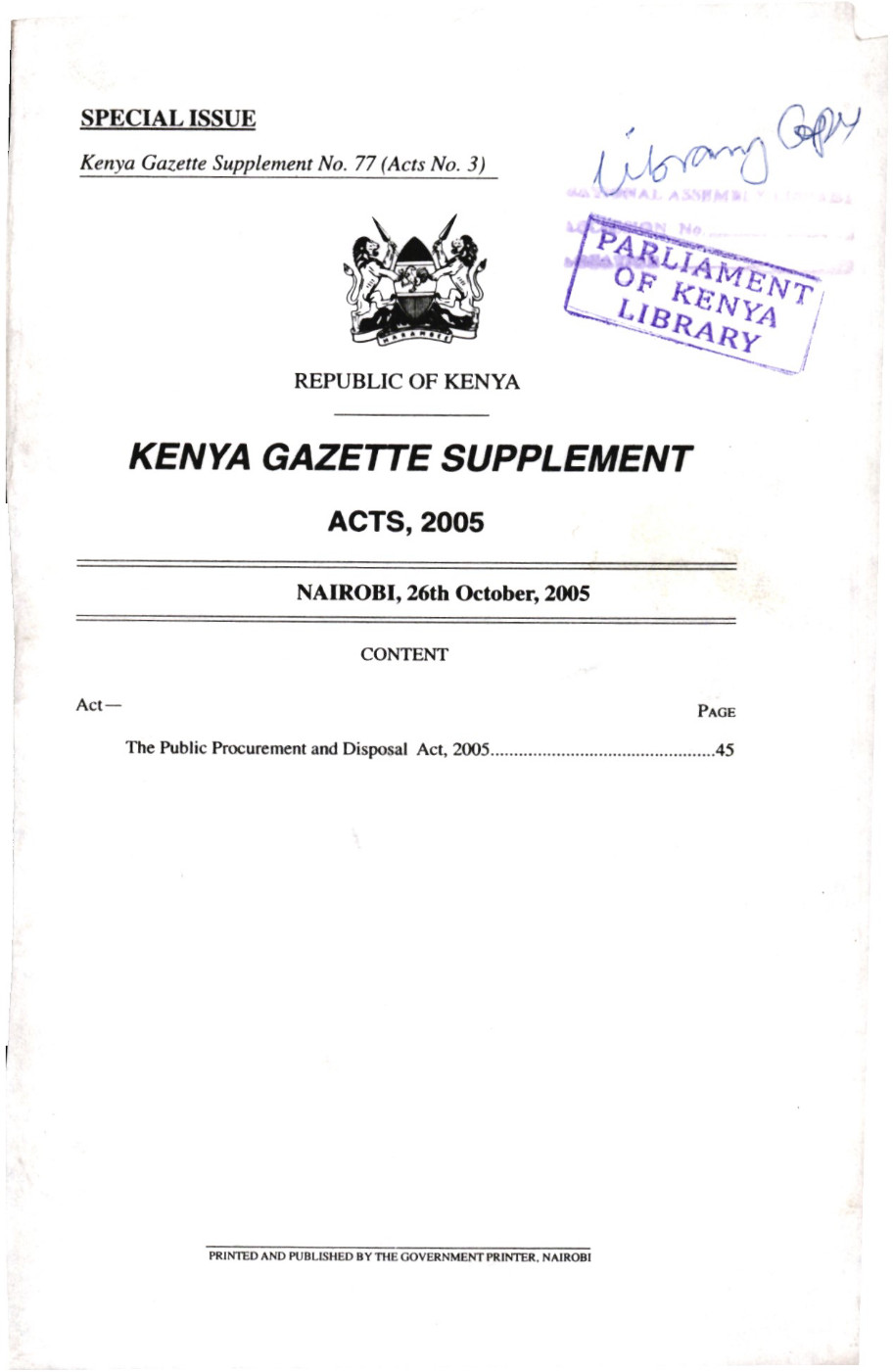 The Public Procurement and Disposal Act, 2005(1)
