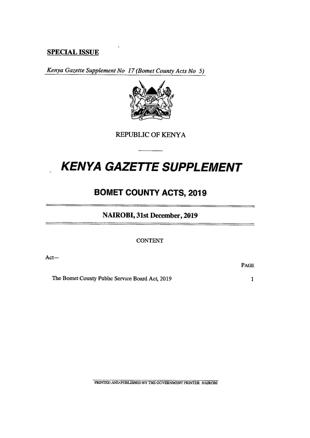 Bomet County Public Service Board Act 2019