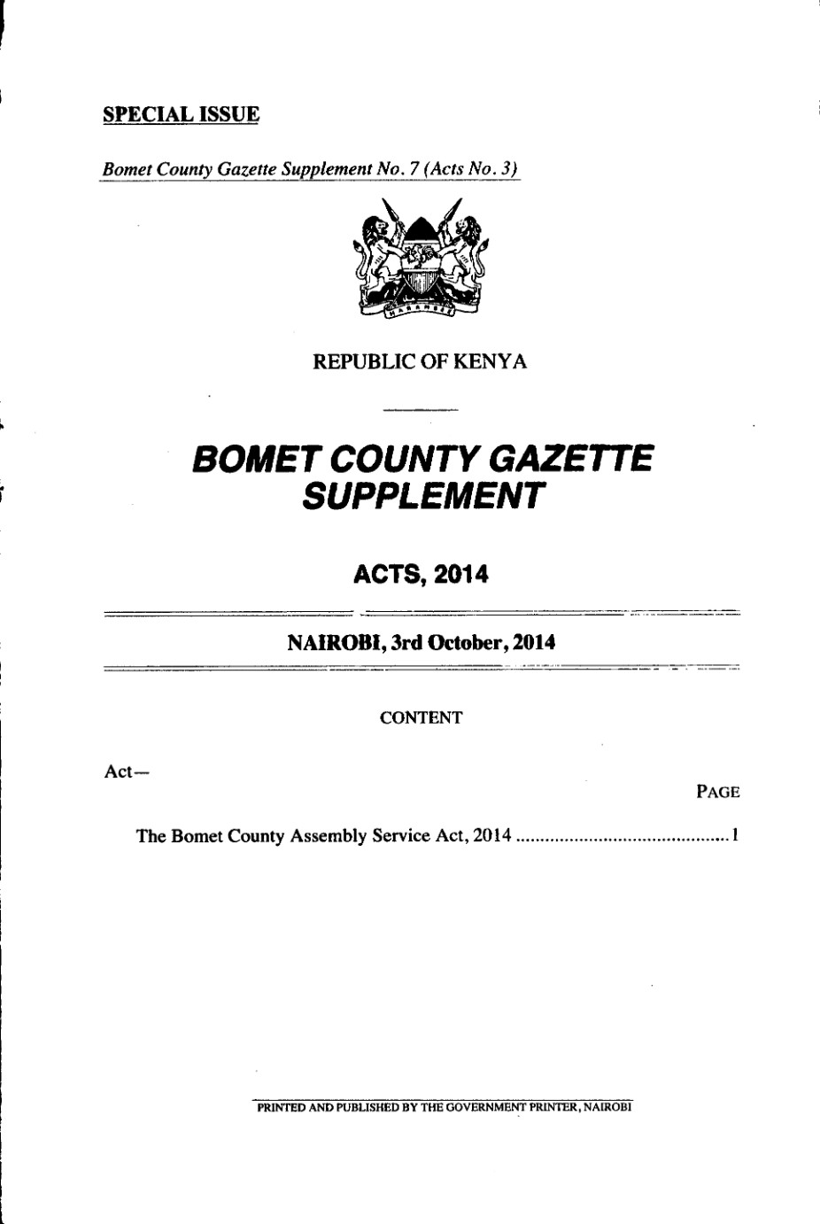 Bomet County Assembly Service Act 2014