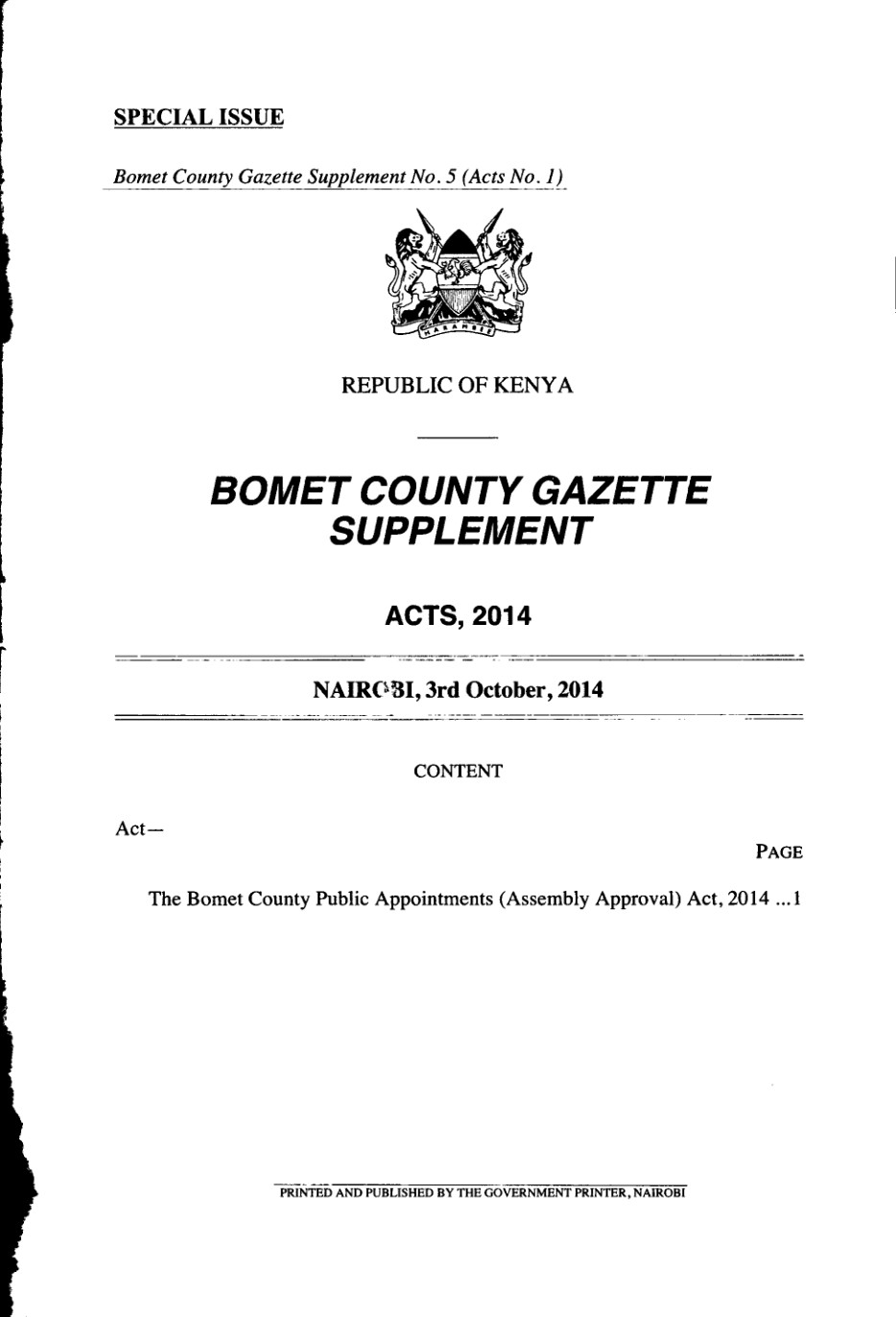 Bomet County Public Appointments (Assembly Approval) Act 2014