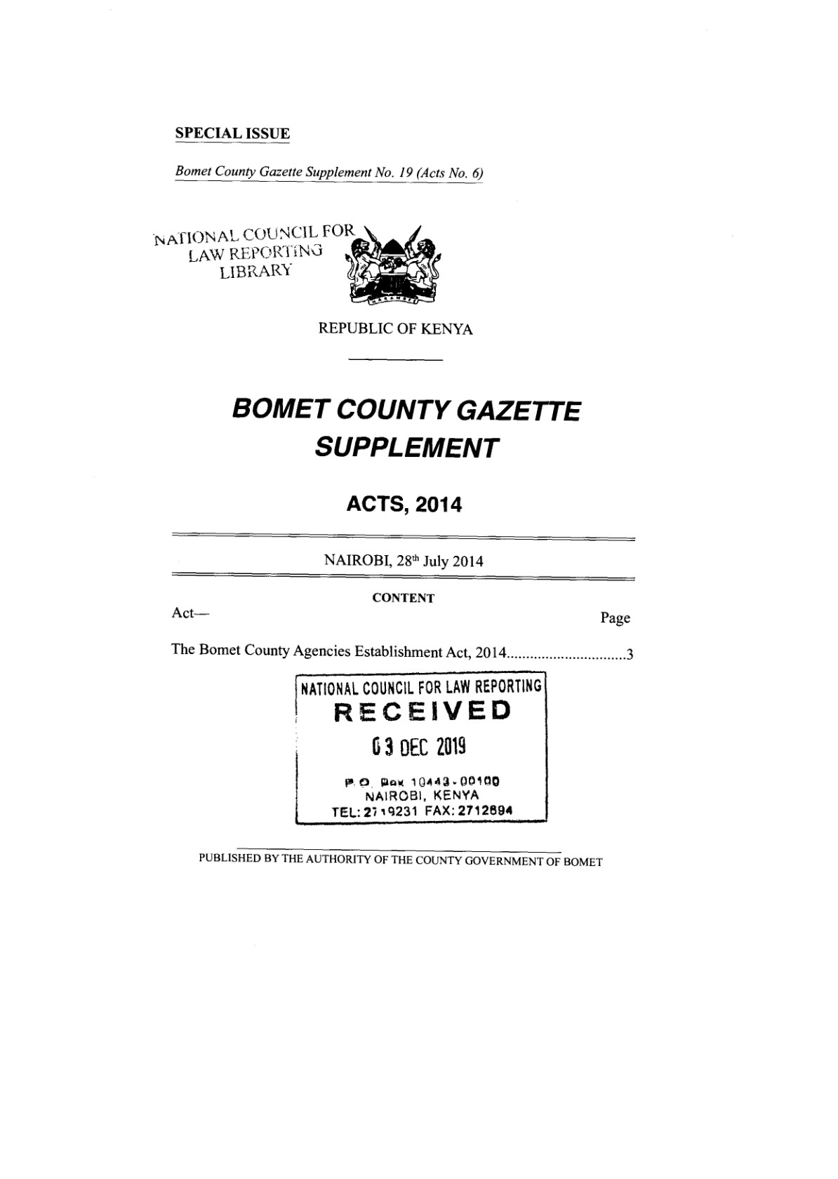 Bomet County Agencies Establishment Act 2014