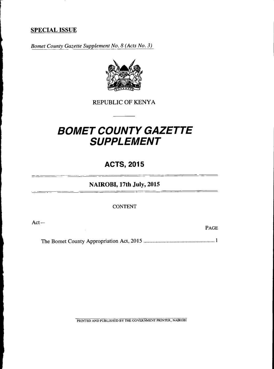 Bomet County Appropriation Act 2015