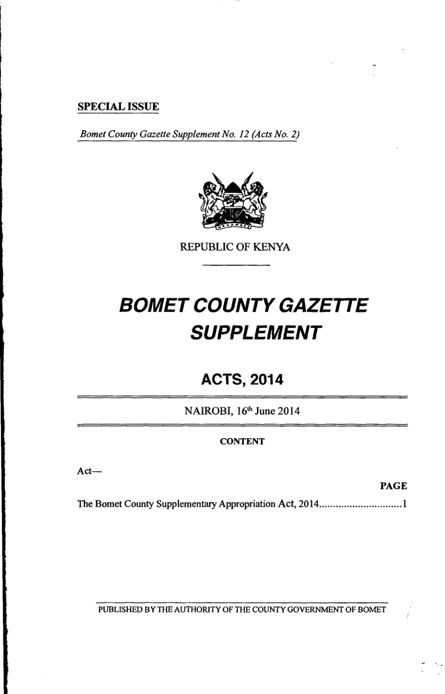 Bomet County Supplementary Appropriation Act 2014