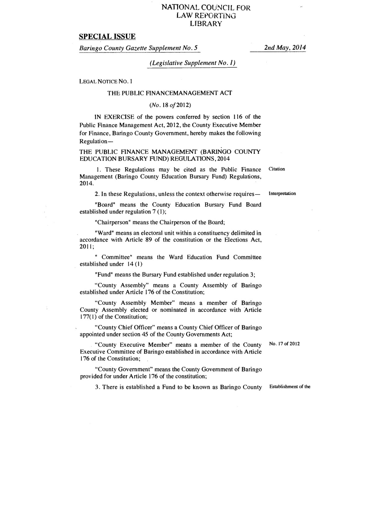 Baringo County Education Bursary Fund Regulations 2014