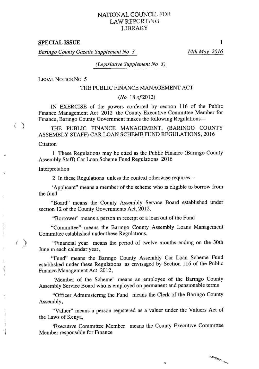 Baringo County Assembly Staff Car Loan Scheme Fund Regulations 2016