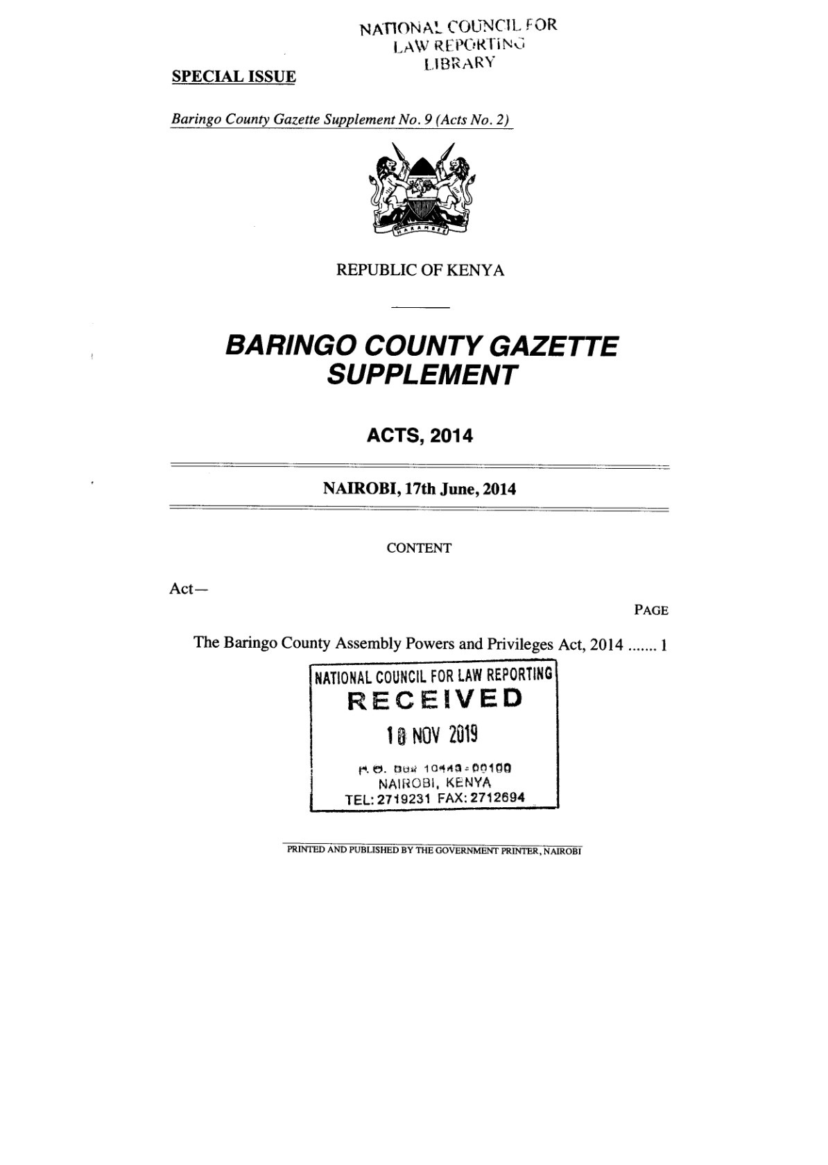 Baringo County Assembly Powers and Privileges Act 2014