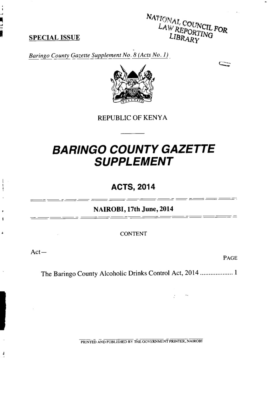 Baringo County Alcoholic Drinks Control Act 2014