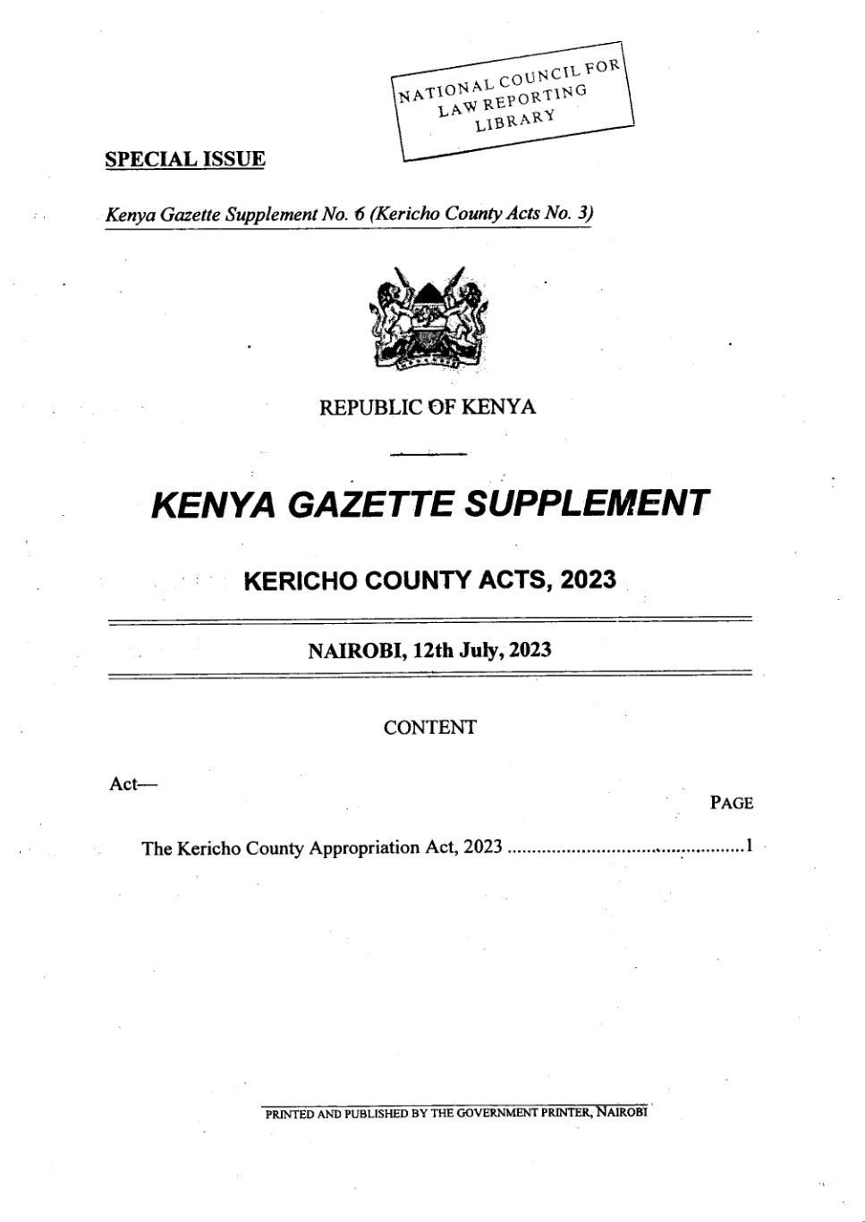 Kericho County Appropriation Act 2023