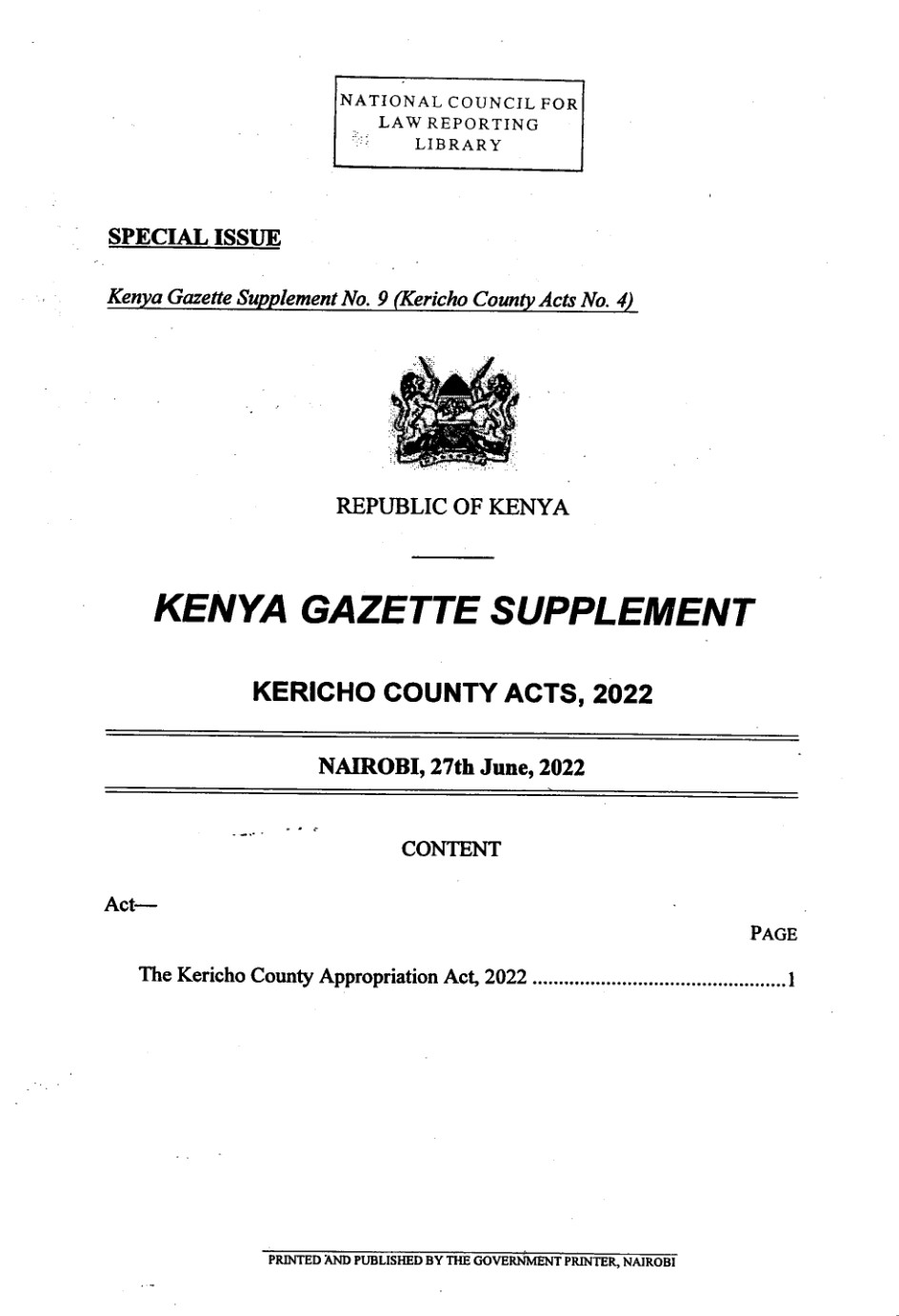 Kericho County Appropriation Act 2022