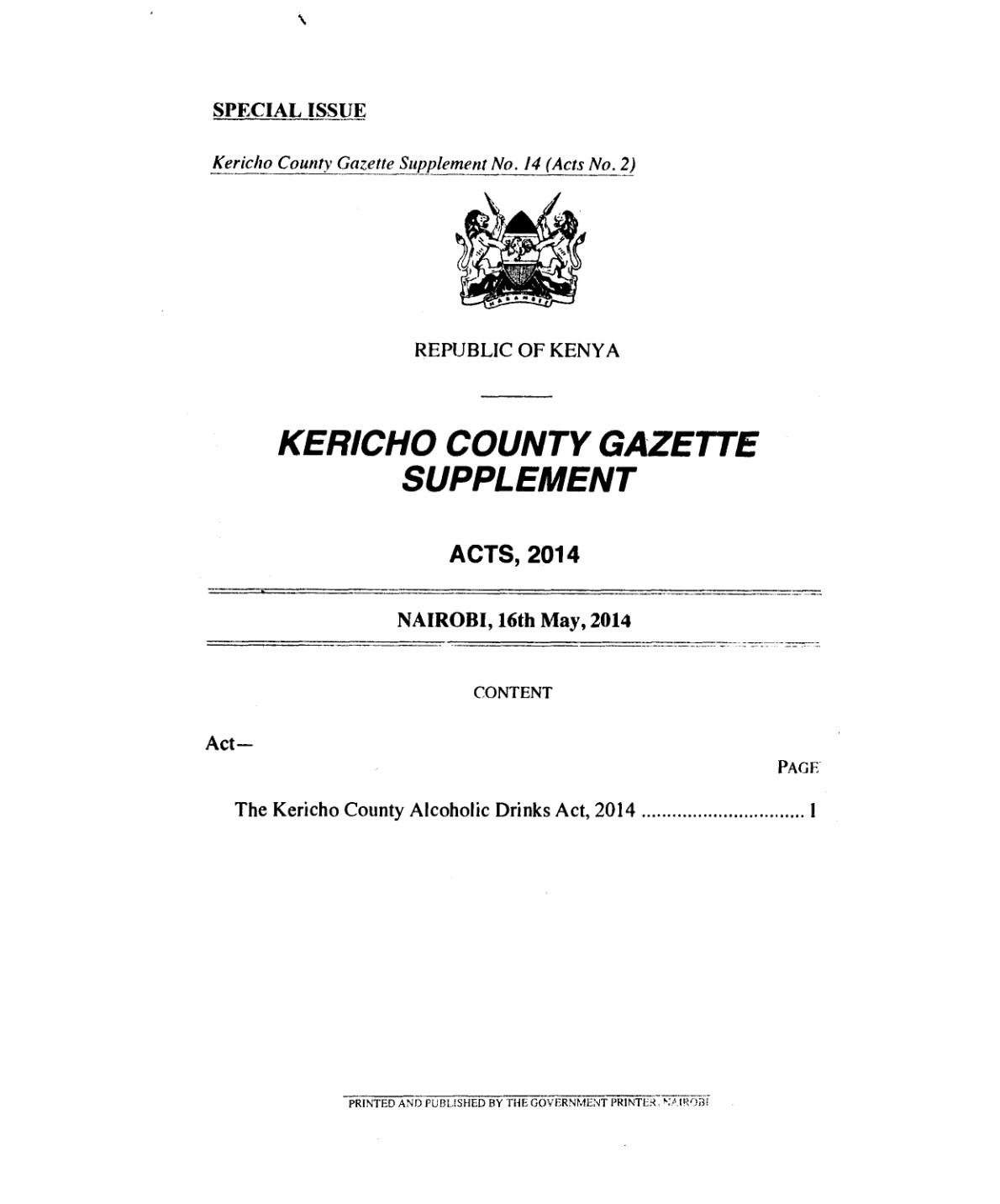 Kericho County Alcoholic Drinks Act 2014