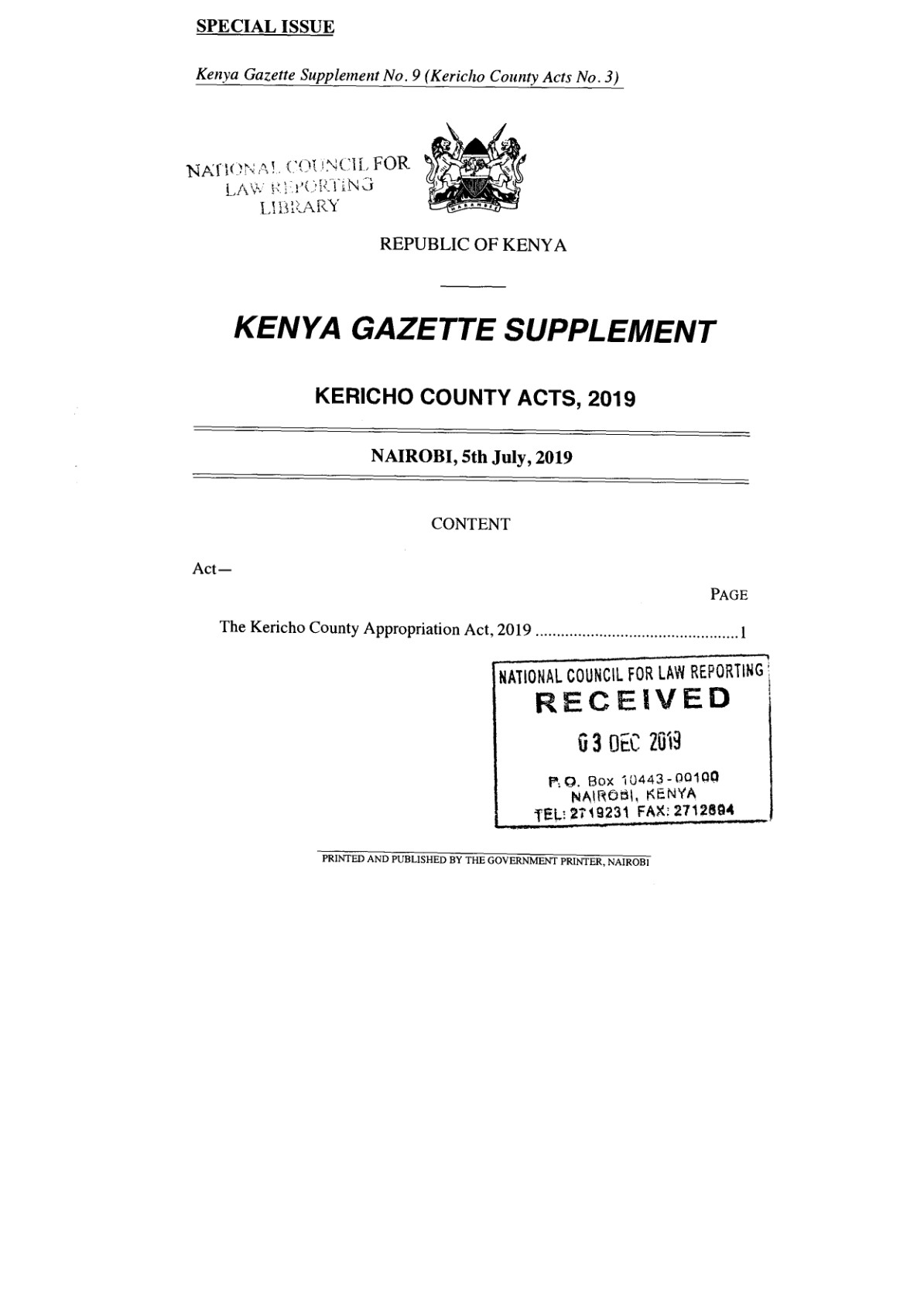 Kericho County Appropriation Act 2019