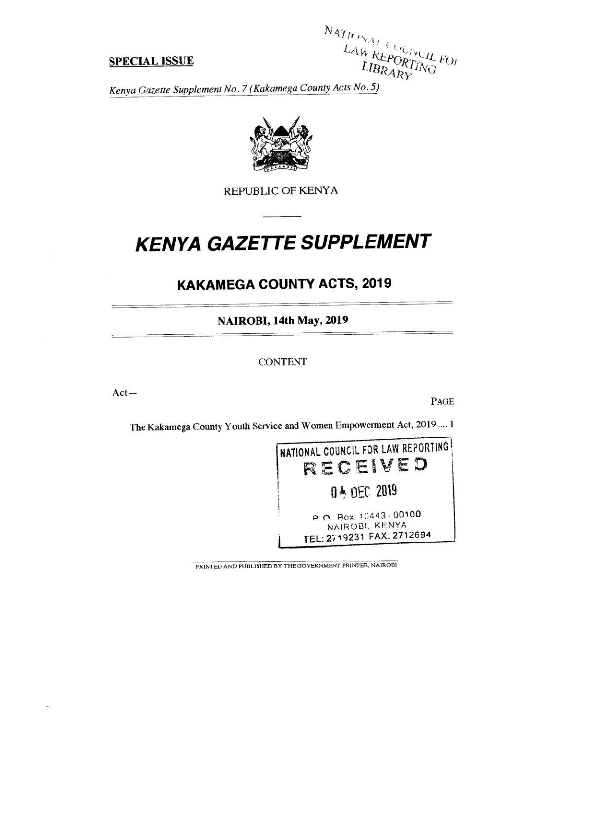 Kakamega County Youth and Women Empowerment Service Act 2019