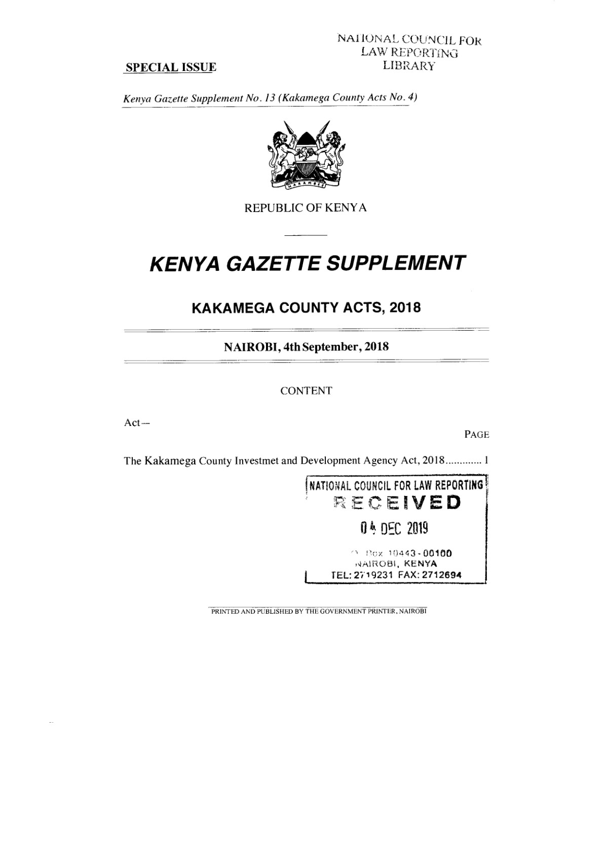 Kakamega County Investment and Development Agency Act 2018