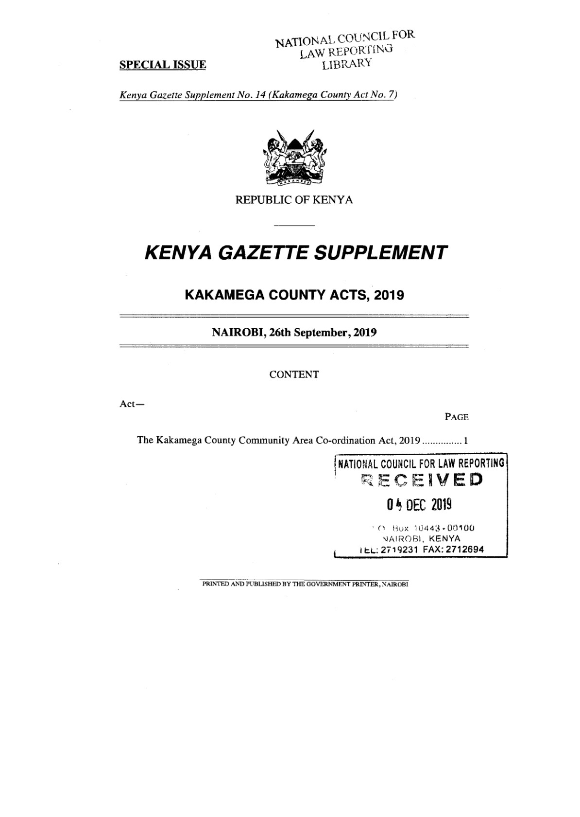 Kakamega County Community Area Coordination Act 2019