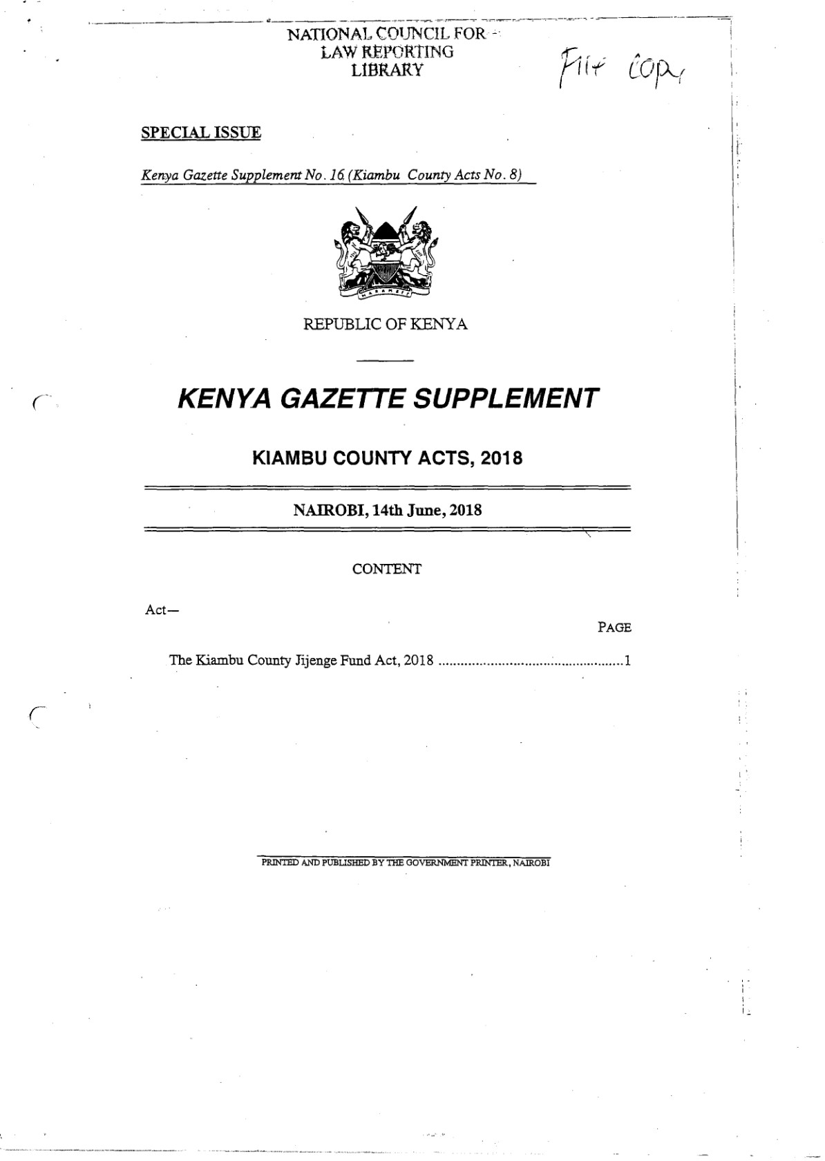 Kiambu County Jijenge Fund Act 2018