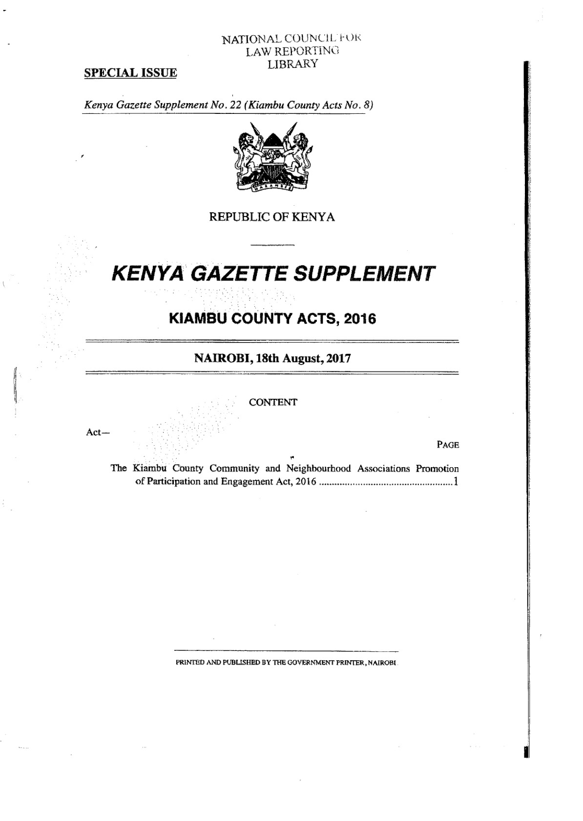 Kiambu County Community and Neighbourhood Associations Promotion of Participation and Engagement Act