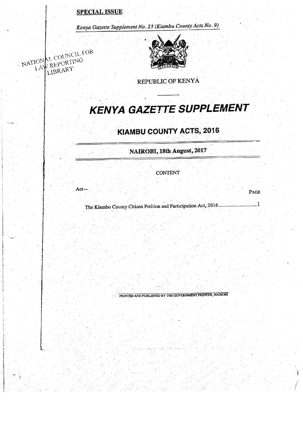 Kiambu County Citizen Petition and Participation Act 2016
